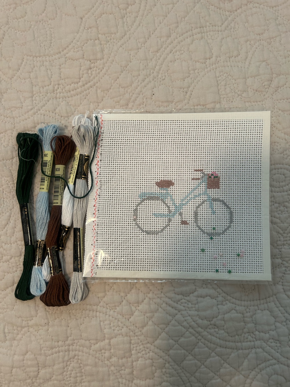 Hand Painted Bicycle Needlepoint Canvas with Yarn